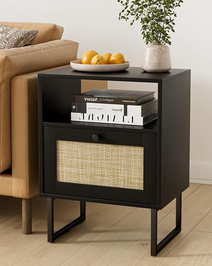 Rattan Nightstand, Mid Century Modern Night Stand,Boho Farmhouse Wood Bedside Table with Storage and Open Shelf, End Side Accent Table for Bedroom,Living Room,Black