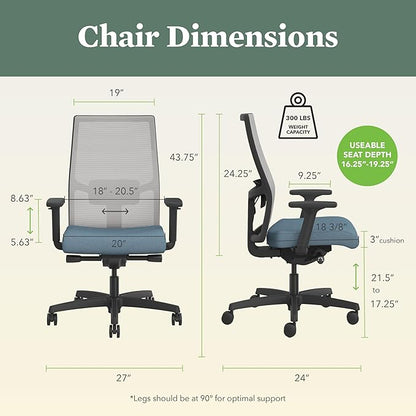 HON Ignition 2.0 Ergonomic Office Chair, Adjustable Tilt, Swivel Wheels, Comfy for Long Hours, Home Office Desk Chairs, Blue
