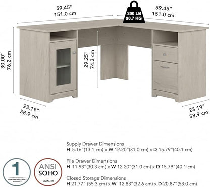 Bush Furniture Cabot 60W L Shaped Computer Desk in Linen White Oak