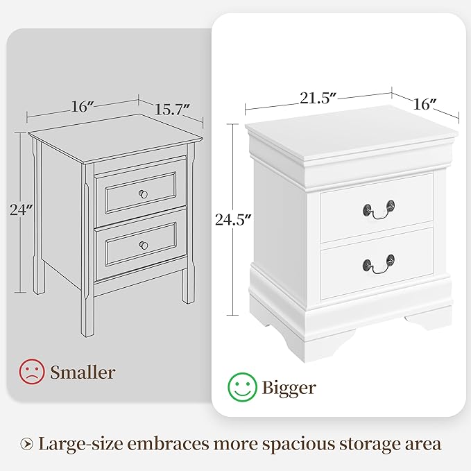 Yaheetech Fully-Assembled Nightstand with Drawers, Classic 2-Drawer Nightstand Large Bedside Table with Storage, Wooden Painted Storage Cabinet for Bedroom, 21.5″L×16″W×24.5″H, White