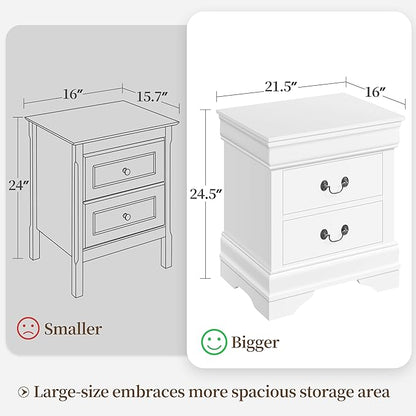 Yaheetech Fully-Assembled Nightstand with Drawers, Classic 2-Drawer Nightstand Large Bedside Table with Storage, Wooden Painted Storage Cabinet for Bedroom, 21.5″L×16″W×24.5″H, White