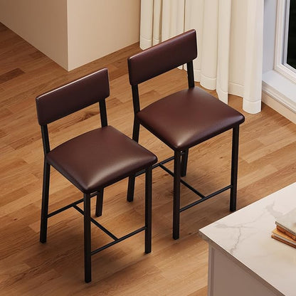 GarveeHome Bar Stools Set of 2, Counter Stools with Back and Thickened Metal Legs, Upholstered PU Leather Counter Height Barstools with Footrest, for Kitchen Island, Bar, Dark Brown