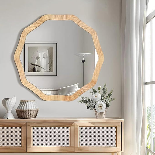 ULIKE Rattan Mirror for Wall, Bathroom 30 Inch Rustic Farmhouse Wall Decor with Handmade Wicker Frame, Boho Woven Mirror for Nursery Bedroom Living Room Entryway