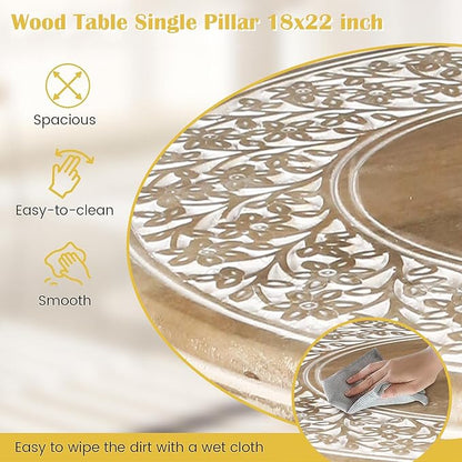 Lightnpro Carved Round End Table with Single Pillar - Handcrafted Accent Bedside Nightstand Side End Table for Living Room, Entryway, Vintage Desk for Books, Plants & Décor - 18x22 Inch - White Wash