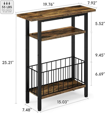 Vagusicc Narrow Side Table, 3-Tier Skinny End Table for Couch Sofa, Small Side Tables for Small Spaces, Bed Side Table with Storage, 25.2" Tall Slim Nightstand for Living Room, Bedroom, Rustic Brown