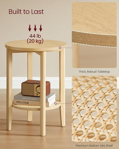 VASAGLE Round Side End Table, 2-Tier Boho Bedside Table with Rattan-Look Storage Shelf, Nightstand for Small Spaces, for Living Room, Bedroom, Home Office, Oak Beige ULET296Y01