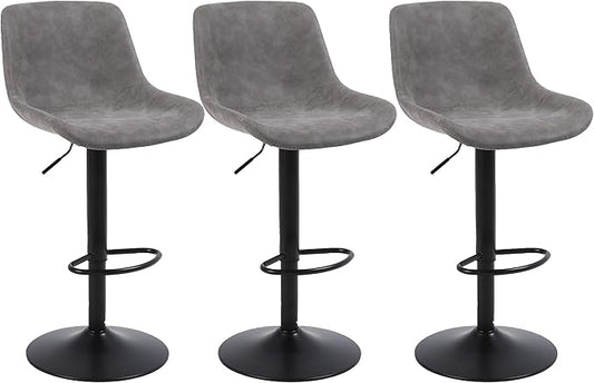 Bar Stools, Swivel Counter Height Barstools with Back, Adjustable Modern Bar Chairs, Tall Armless PU Leather Kitchen Island Stool (Grey, Set of 3)