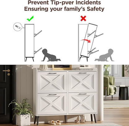 Maupvit Large Shoe Storage Cabinet with 4 Flip Drawers, Narrow Shoe Cabinet for Entryway with Wooden Legs, Freestanding Hidden Shoe Rack Organizer ＆ Metal Hinges, White