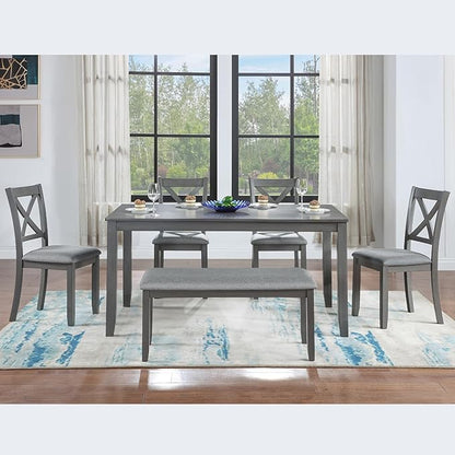 soges 6 Piece Kitchen Dining Set, Rectangular Wooden Dining Table with 4 Upholstered Chairs and a Bench, Dining Table Set for 6 People, Living Room, Home Bar and Kitchen, Gray