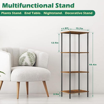Tall End Table 4 Tier Wood Skinny Side Table Living Room with Storage Shelf Nightstand Bedside Table Plant Stand for Bedroom Office Dorm, Rustic Brown