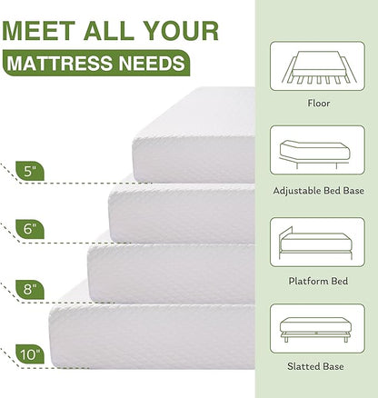 6 Inch Queen Size Mattress for Kids, Memory Foam Mattress with Cooling Green Tea Gel, Relieve Pressure with Medium Firm Support, CertiPUR-US Certified, 80''L x 60''W, White
