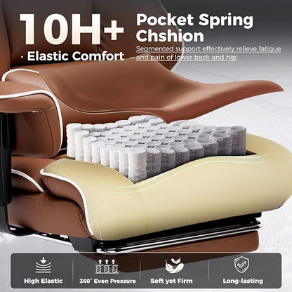 COMHOMA Big and Tall Office Chair 400lbs High Back Leather Executive Chair with Ergonomic Lumbar Support & Pocket Spring Cushion for Lower Back Pain Relief, Computer Gaming Chair with Foot Rest, Brown