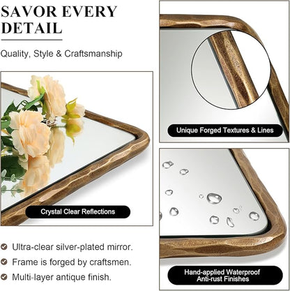 ANDY STAR Hand-Forged Gold Bathroom Mirrors for Wall, 22x30 Inch Vintage Solid Steel Metal Frame Bathroom Vanity Mirror, Antique Rounded Rectangle Wall Mirror, Hangs Horizontally or Vertically