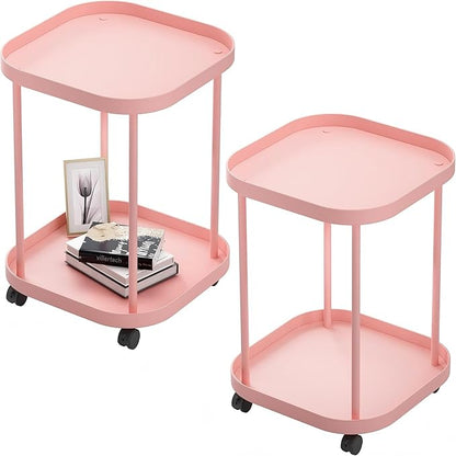 Side Table with Wheels, End Table Living Room Plastic Mobile Sofa Side Table Small Night Stand Bedroom Pink (2 Pack)