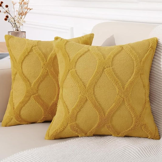 decorUhome Fall Throw Pillow Covers 22x22 Inch Set of 2, Soft Plush Faux Fur Wool Mustard Yellow Couch Pillow Covers, Decorative Neutral Pillow Cases for Bed Sofa Living Room Home Decor