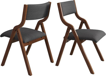 Folding Dining Chairs Set of 2, Upholstered Kitchen Chair with Padded Seat & Backrest, Modern Sidechair with Wood Legs,No Assembly Needed,Dark Grey+Walnut