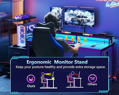 AODK 59 Inch Gaming Desk with USB Charging Ports & LED Light- Reversible Computer Desk with Storage Shelves & Monitor Stand, Modern Gamer Desk Table with Fabric Drawers & Side Hook, Carbon Fiber Black