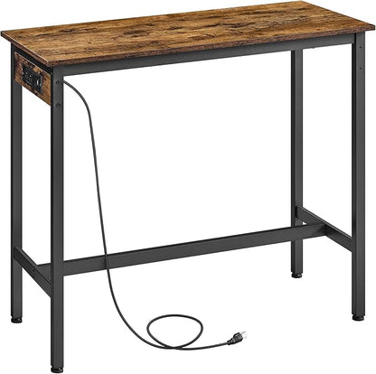 VASAGLE Bar Table, Narrow Long Kitchen Dining Table with Charging Station, Sturdy Metal Frame, Industrial, 15.7 x 39.4 x 35.4 Inches, Rustic Brown and Ink Black ULBT101K01