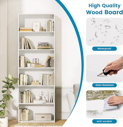 71" Tall Bookcase, 6-Tier Open Display Storage Shelves, Floor Standing Large Book Shelf for Living Room, Home Office, Bed Room, White