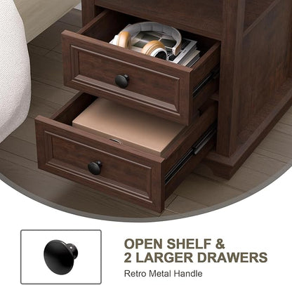 24" Tall End Table with Charging Station, Double 18W Fast Charge End Table, Large 18” Bedside Table with Drawers,Rustic Wood Storage Cabinet with Open Shelf for Bedroom,Cherry