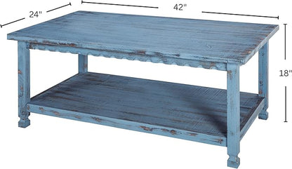 Rustic Rectangular Coffee Table, 42 in. W x 24 in. D x 18 in. H, Living Room Blue Antique, W/ (1) 36 in. W x 18 in. D x 10 in. H Shelf, Farmhouse/Cottage Style, Select Hardwood/Construction