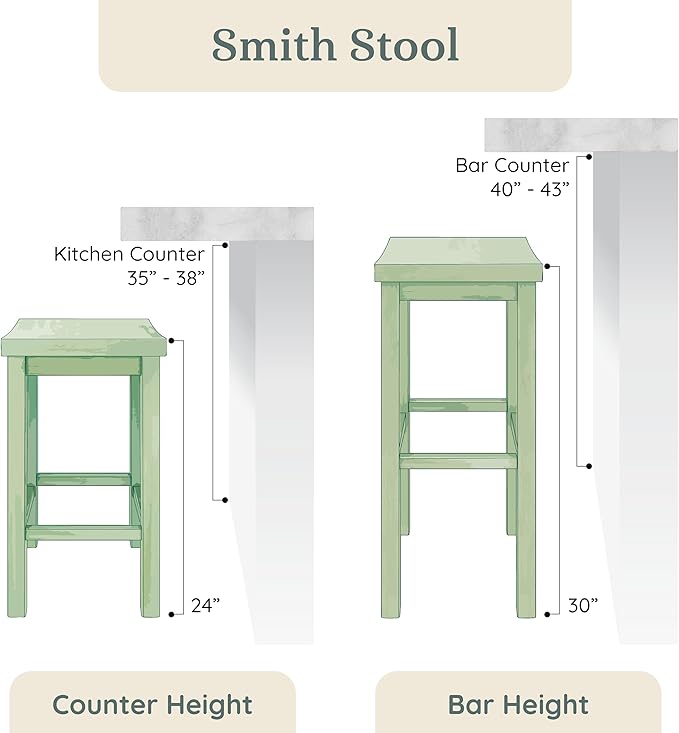 Grain & Grove Smith Collection Solid Wood Counter Height Bar Stool, 24-Inch Saddle Seat Backless Stool, Ideal for Kitchen Island, Dining, or Home Bar Seating, Black
