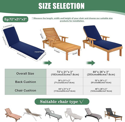 Chaise Lounge Cushions Outdoor - Waterproof and Fade Resistant Sun Lounger Replacement Cushions - Patio Lounger Pads with Removable Cover for Pool, Deck, Lawn, 80 x 26 x 3 Inch, Navy
