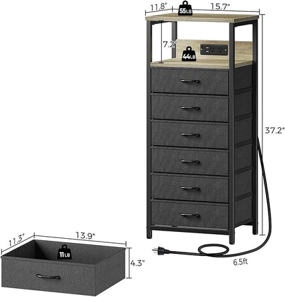 Seventable Night Stand with Charging Station, Tall Nightstand with 6 Fabric Storage Drawers, Side Table with LED Light for Bedroom, Entryway, Greige