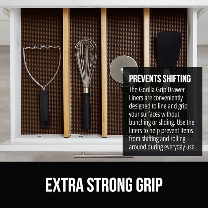 GORILLA GRIP powerGRIP Drawer Shelf and Cabinet Liner, Thick Strong Hold, Non-Adhesive Liners Protect Kitchen Cabinets and Cupboard, Bathroom Drawers, Easy Install, Breathable Mat, 17.5" x30', Brown