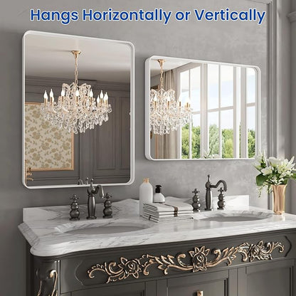 WEER White Bathroom Mirror 24X32 Inch, Rounded Rectangle White Metal Frame Mirror, Matte White Bathroom Vanity Mirror with Tempered Glass, Anti-Rust, Hangs Horizontally or Vertically