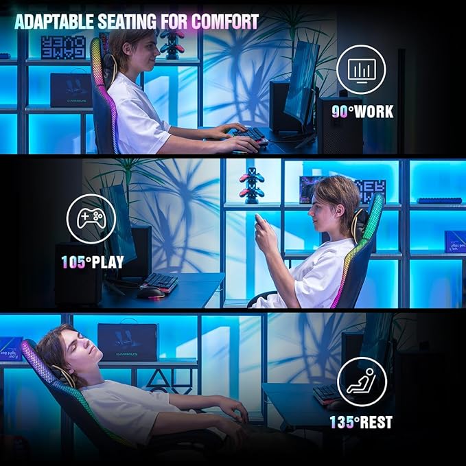 GTPLAYER Gaming Chair, RGB Gaming Chairs with LED Lights, Video Gaming Chair for Adults, Ergonomic Computer Gaming Chair with Linkage Armrest, Reclining Chair with Headrest (with Massage, Black)