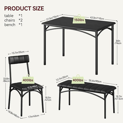 Dining Table Set for 4, Small Dining Table Set with Upholstered Bench and 2 Chairs, Kitchen Table and Chairs for 4, for Small Space, Apartment, Dinner, Rustic Black