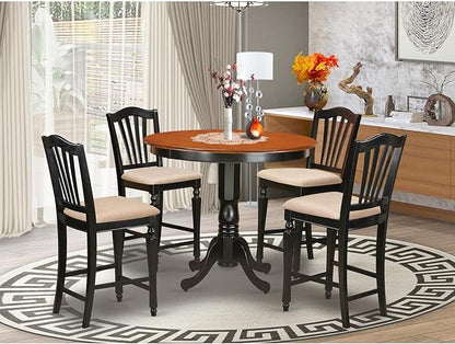 East West Furniture TRCH5-BLK-C 5 Piece Kitchen Counter Height Dining Table Set Includes a Round Pub Table and 4 Linen Fabric Upholstered Chairs, 42x42 Inch, Black & Cherry