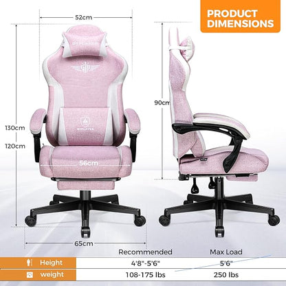 GTPLAYER Gaming Chair with Footrest, Big and Tall Game Chair High Back Computer Office Chair with Lumbar Support for Adults, Ergonomic Swivel Games Chair with Cushion Gaming Black Linen Fabric Pink