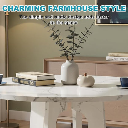 47" Round Dining Table for 4-6, Modern Small Dinner Table Farmhouse Round Kitchen Tables with Marble White Finish for Dining Room, Kitchen, Living Room, Marble White