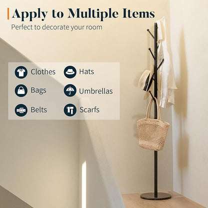 Yoobure Coat Rack Freestanding with Natural Marble Base - Coat Tree with 8 Hooks Heavy Duty Coat Hanger Stand, Metal Coat Rack Stand for Jacket, Hat, Clothes & Bag, Hall Tree Hat Rack for Entryway