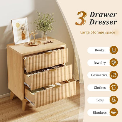 LYNCOHOME Fluted Nightstand with 3 Drawers, Modern Wood Chest of Bedside Table with Curved Profile, Fluted Dresser Organizer for Bedroom