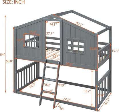 Ball & Cast Twin Over Twin Size House Bunk with Ladder and Window,Wood Bunkbed w/Full-Length Guard Rail & Ladder,Slat Support,Space Saving,Bedroom Furniture for Student Dorms,Gray