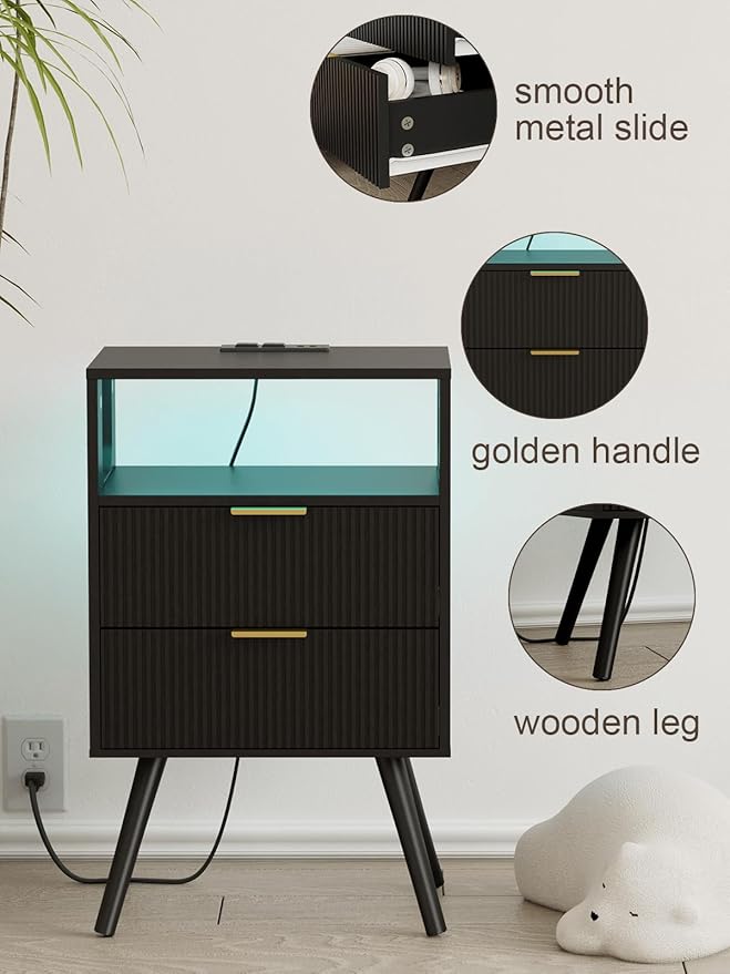 Nightstand, Modern Bedside Table with 2 Storage Drawer and Open Wood Shelf for Bedroom and Small Spaces, Night Stand with Solid Wood Legs (Black-Outlet)