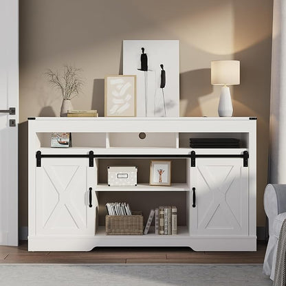 RoyalCraft Farmhouse TV Stand for 23" Fireplace, 34'' Tall Entertainment Center for 65+ Inch TV, 34" Tall Rustic TV Console with Sliding Bar Door for Living Room, White