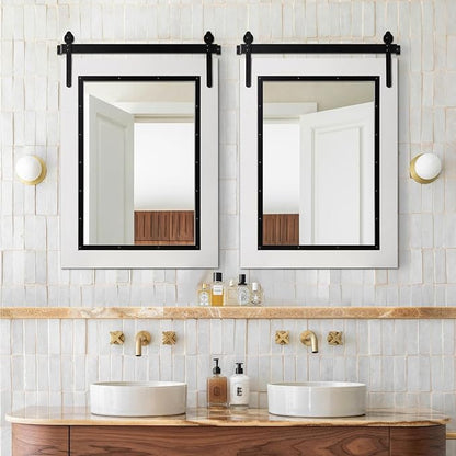 YOSHOOT Farmhouse Barn Door Mirror, 40"x30" Rustic Bathroom Mirror, Wood Frame Wall Mirror, Wooden Mirror for Living Room Bedroom Entryway Wall Décor, White Vertical Hanging ONLY