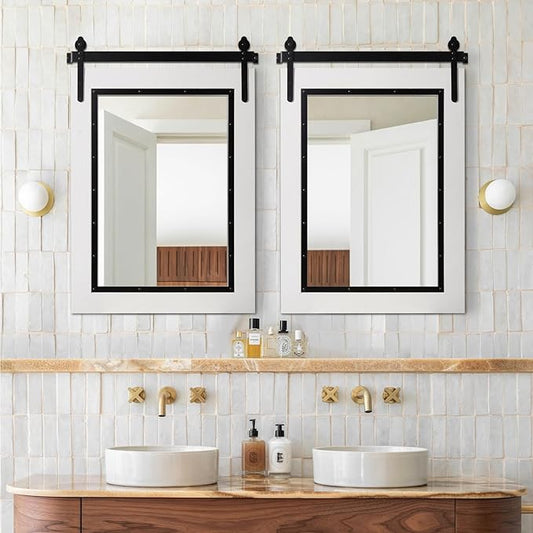 YOSHOOT Farmhouse Barn Door Mirror, 40"x30" Rustic Bathroom Mirror, Wood Frame Wall Mirror, Wooden Mirror for Living Room Bedroom Entryway Wall Décor, White Vertical Hanging ONLY