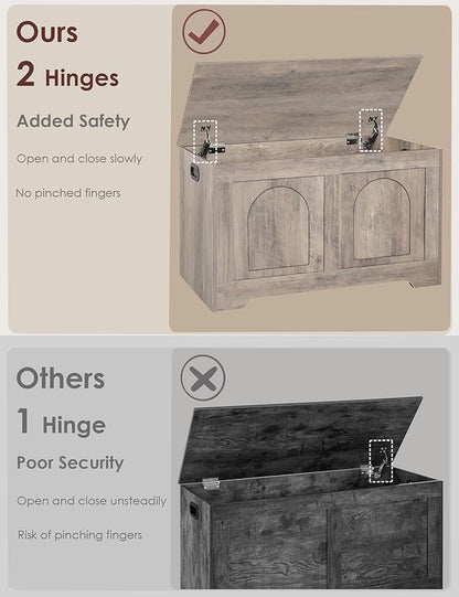 DINZI LVJ Storage Chest, 31.5”Wooden Storage Box with 2 Safety Hinges, Entryway Bench with Flip-Top, Sturdy Trunk for Living Room, Bedroom, Easy Assembly, Greige