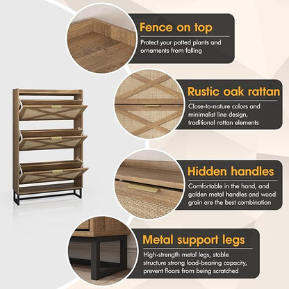 Maupvit Shoe Storage Cabinet with 3 Rattan Flip Drawers, Freestanding Organizer with Metal Legs for Entryway, Narrow Shoe Rack Cabinet, Hidden Golden Handles, Rustic Oak Rattan