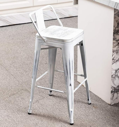 Yongchuang Industrial Metal Barstools Set of 4 Counter Height Bar Stools with Back (24" Seat Height Wooden Top Low Back, Distressed White)