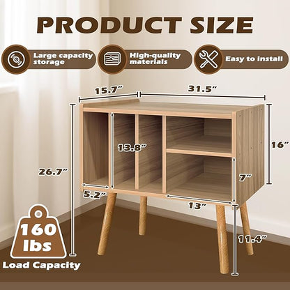 Record Player Stand with Vinyl Storage, Wooden Record Player Table with 5 Cabinet, Large Vinyl Record Player Stand, Record Player Holder, Record Player Shelf for Office Living Room, Oak