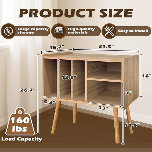 Record Player Stand with Vinyl Storage, Wooden Record Player Table with 5 Cabinet, Large Vinyl Record Player Stand, Record Player Holder, Record Player Shelf for Office Living Room, Oak