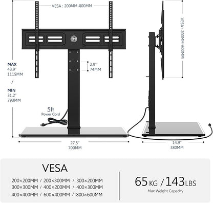 FITUEYES Universal TV Stand with Power Outlets for 50-85 inch TVs, Swivel&Height Adjustable Tall TV Stand for Bedroom Living Room, 27.5''Large Tempered Glass Base Holds up to 143 lbs.