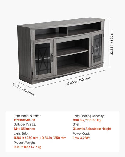 VEVOR TV Stand for TVs up to 65 inch, Farmhouse Entertainment Center with Light Strip, Wooden TV Cabinet Storage with Glass Doors and Adjustable Shelves, Console Table for Living Room, Bedroom, Gray