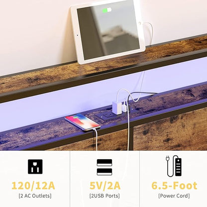 Queen Bed Frame with Storage Headboard and 4 Drawers LED Lights Metal Platform Non-Slip Without Noise Mattress Foundation Strong Metal Slats Support No Box Spring Needed
